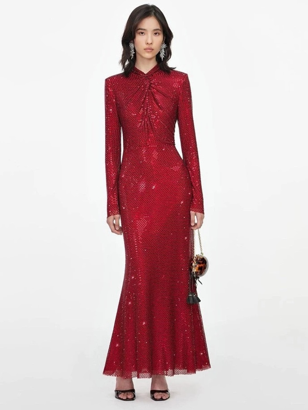 NWOT Self-Portrait RED RHINESTONE MESH TWIST MIDI DRESS